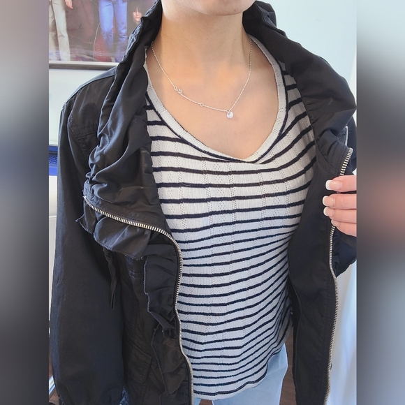 Black Ruffled Jacket With Stripped Long Sleeve - Picture 2 of 16